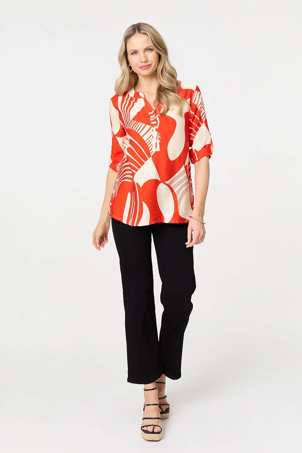 Abstract 3/4 Sleeve Button Detail Blouse