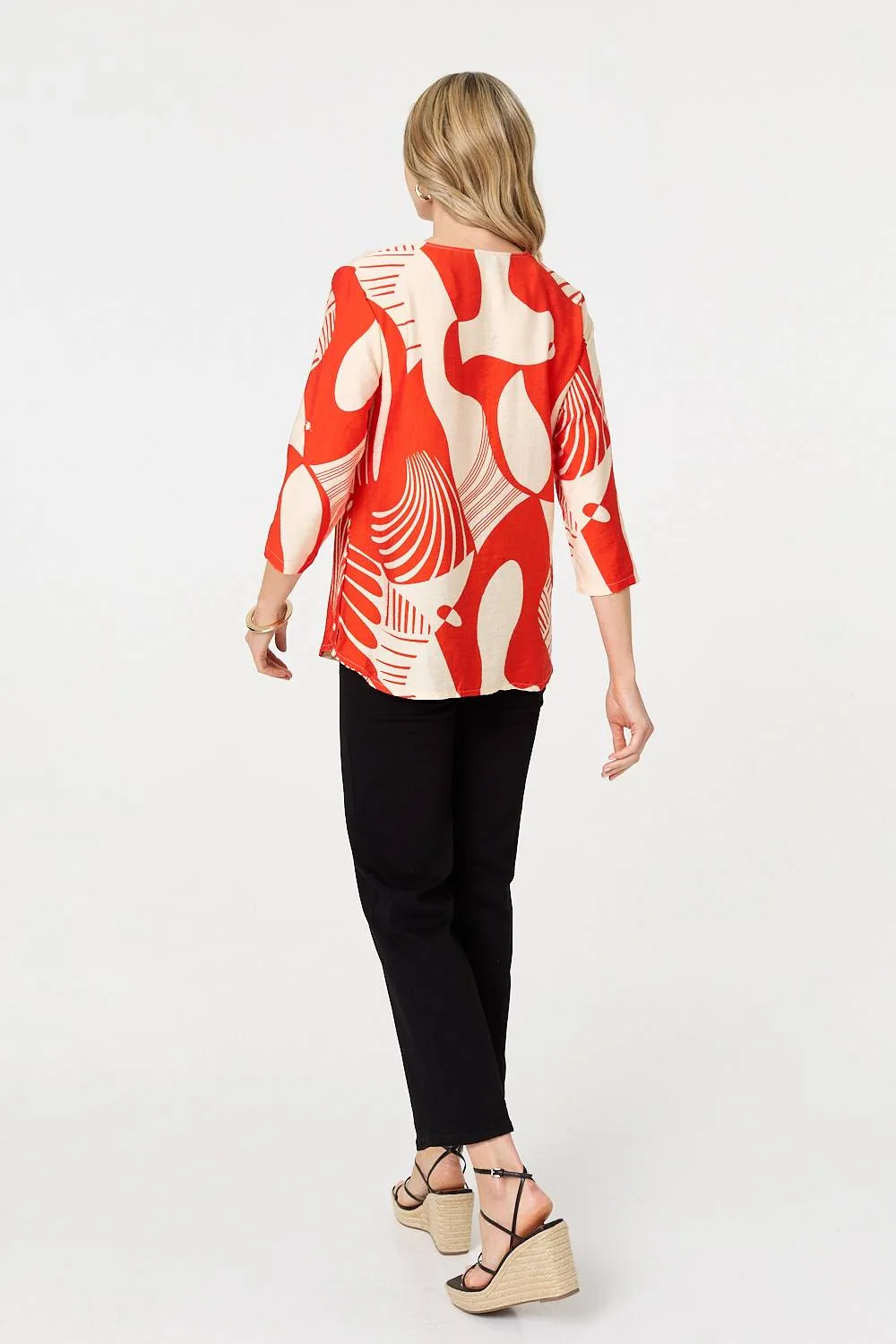 Abstract 3/4 Sleeve Button Detail Blouse