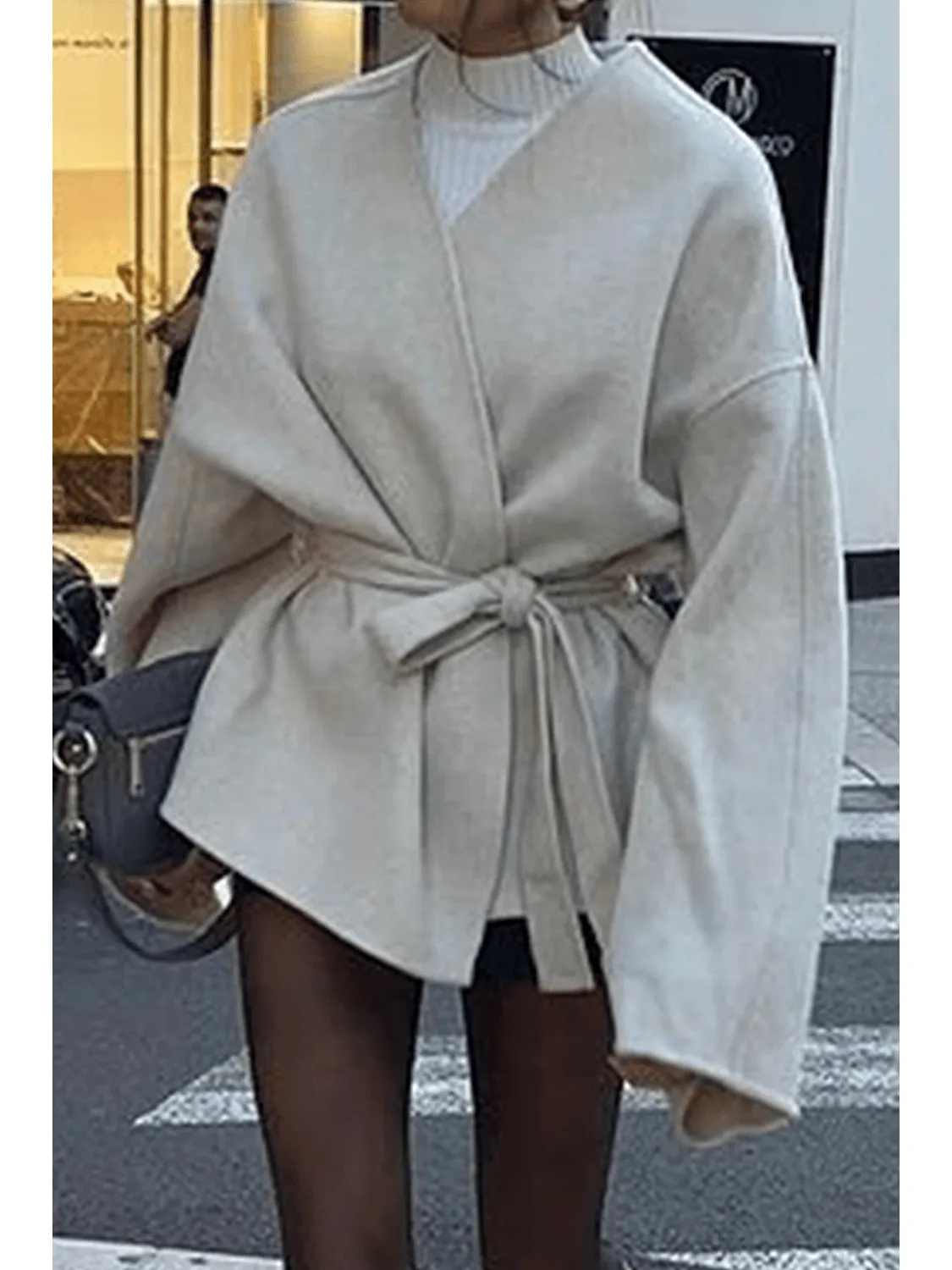 Beige Solid Color Drop Sleeve Belted Trench Coat