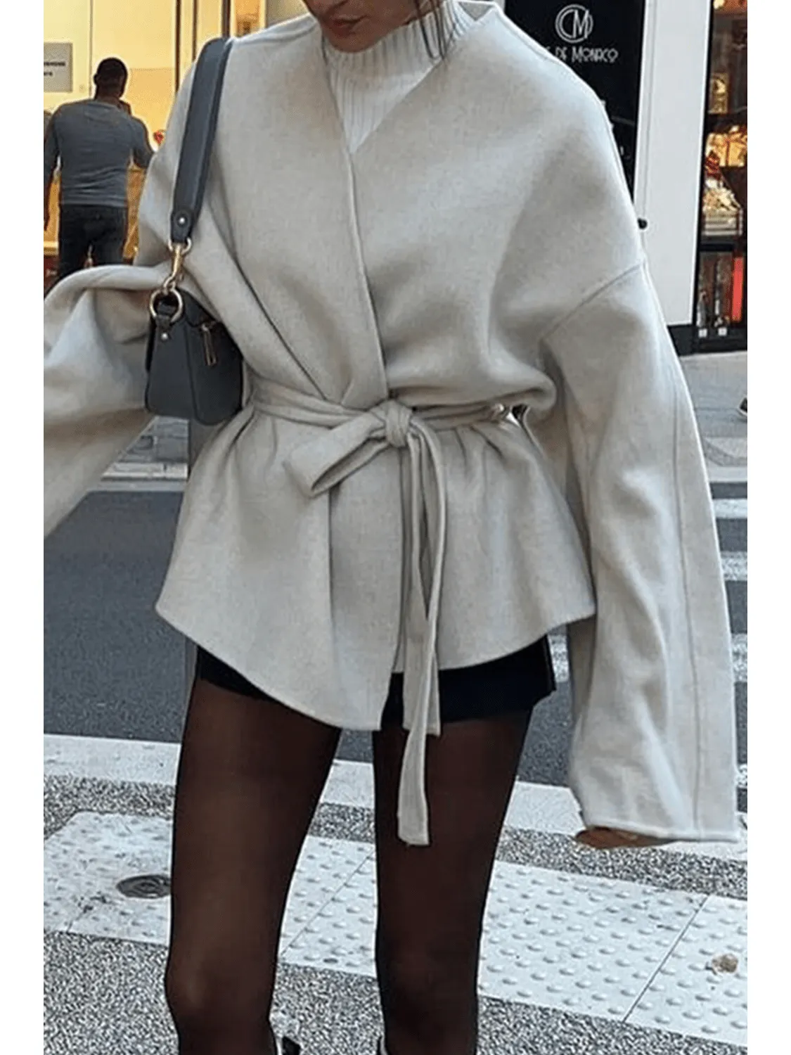 Beige Solid Color Drop Sleeve Belted Trench Coat