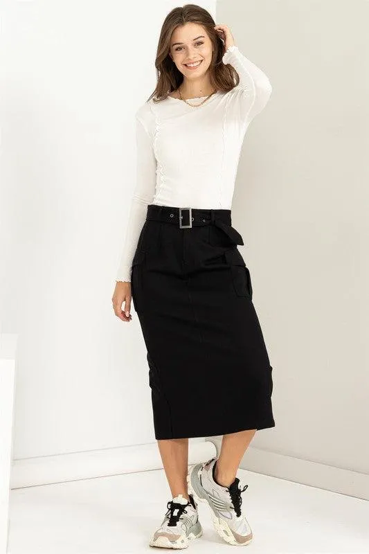 Buckled Belt Cargo Skirts Black Cream