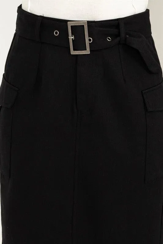 Buckled Belt Cargo Skirts Black Cream