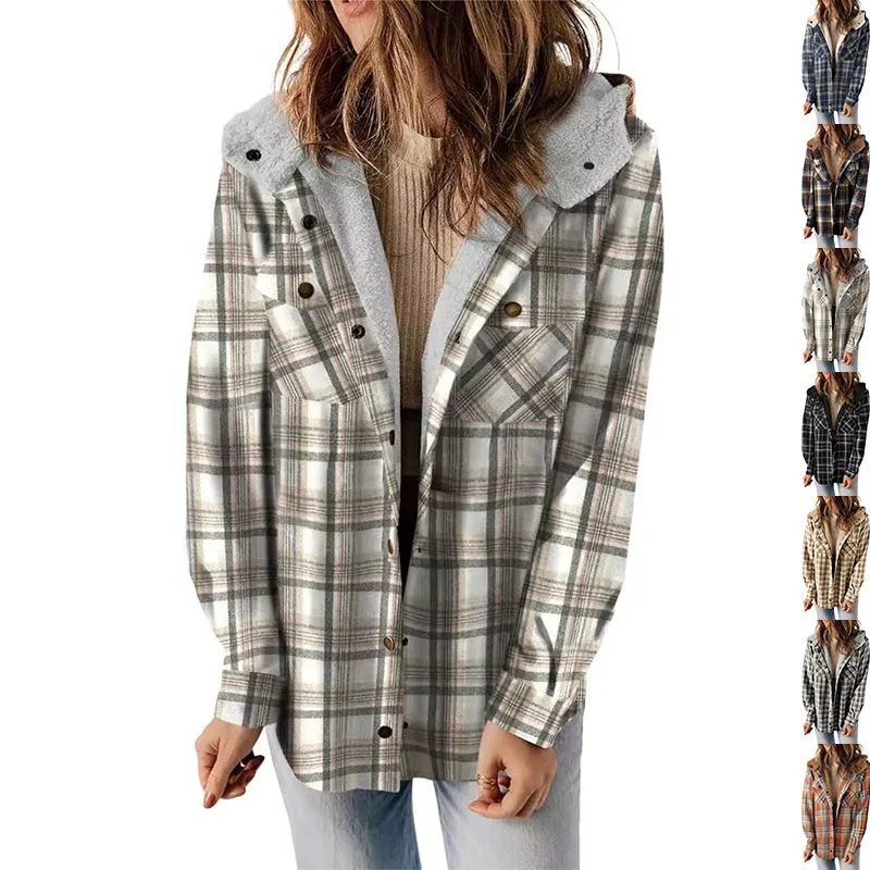 Casual Plaid Hooded Woolen Coat Thickened Fleece-lined Warm Jacket