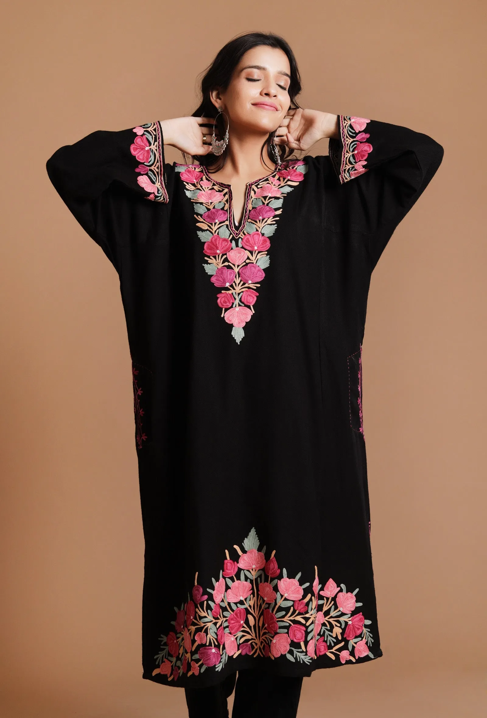 Charcoal Cozy Aari Embroidered Kashmiri Phiran-Free Size