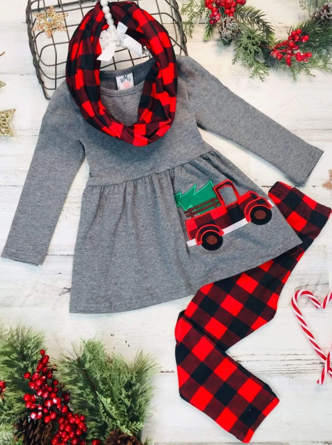 Christmas Tree Truck Tunic, Scarf, And Legging Set