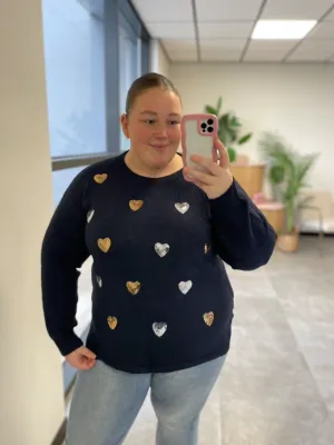 Gracie Sequin Heart Knit in Navy