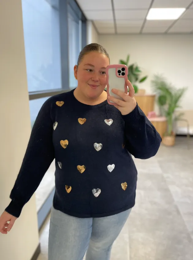 Gracie Sequin Heart Knit in Navy