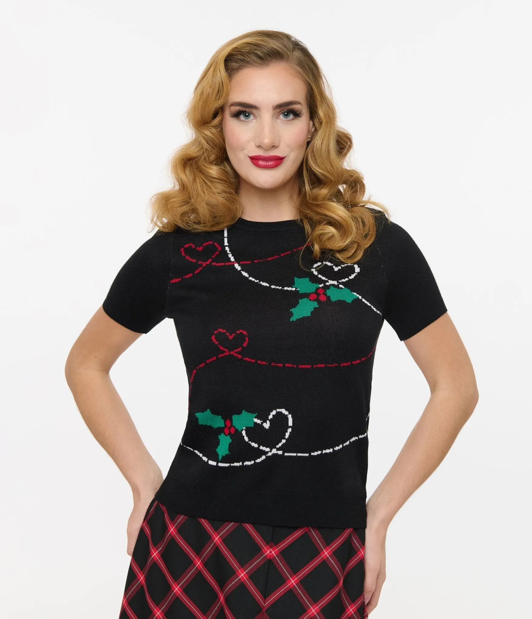 Hell Bunny 1950s Festive Hearts & Holly Print Angelica Knit Top