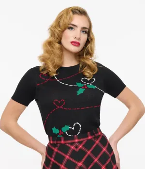 Hell Bunny 1950s Festive Hearts & Holly Print Angelica Knit Top