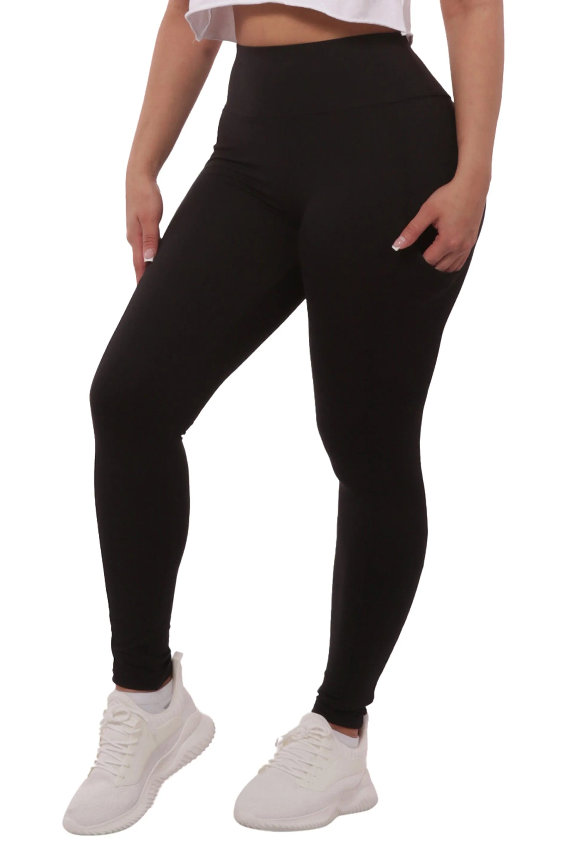 High Waist Fleece Lined Leggings With Side Pockets - Black