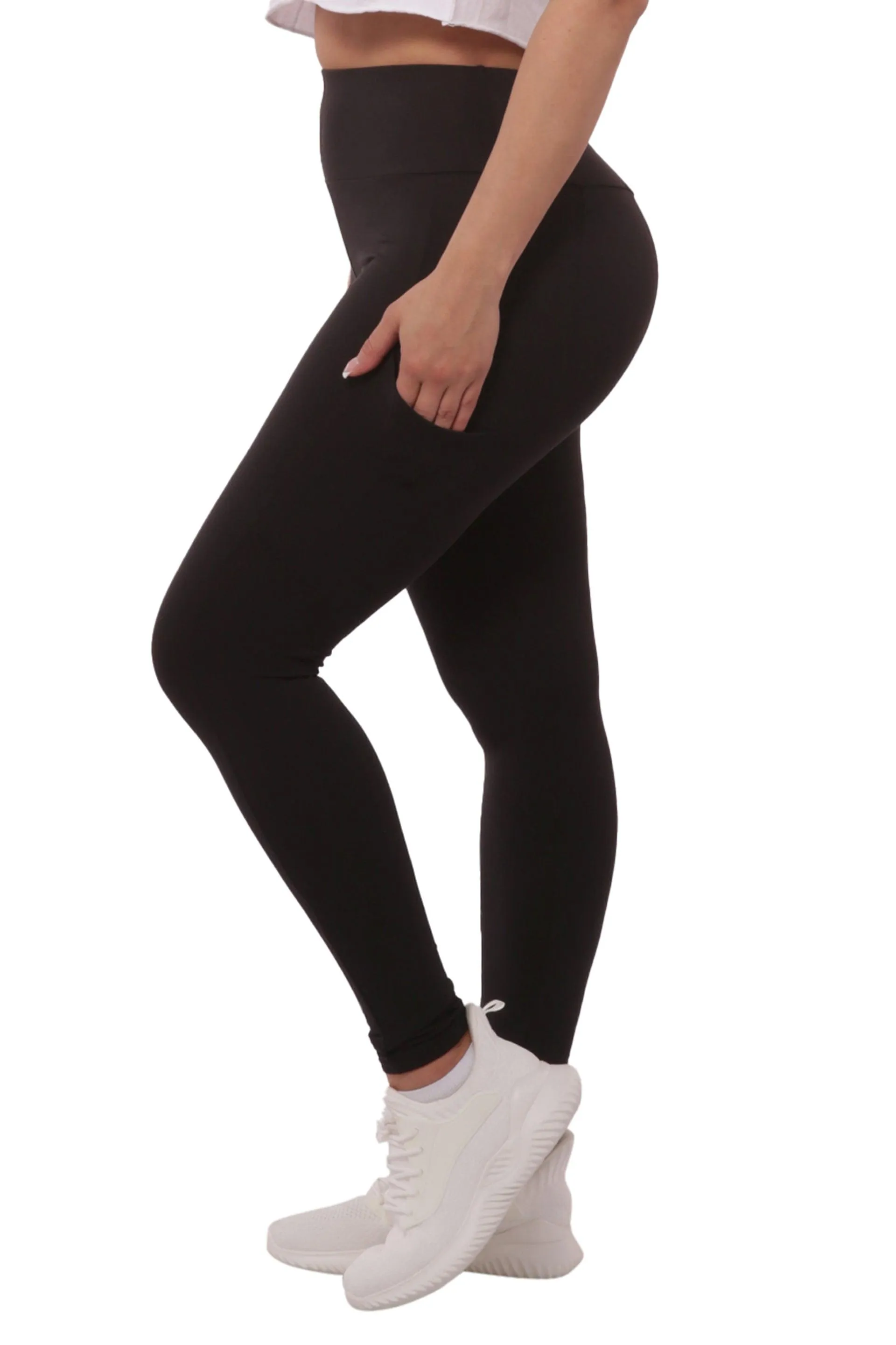 High Waist Fleece Lined Leggings With Side Pockets - Black