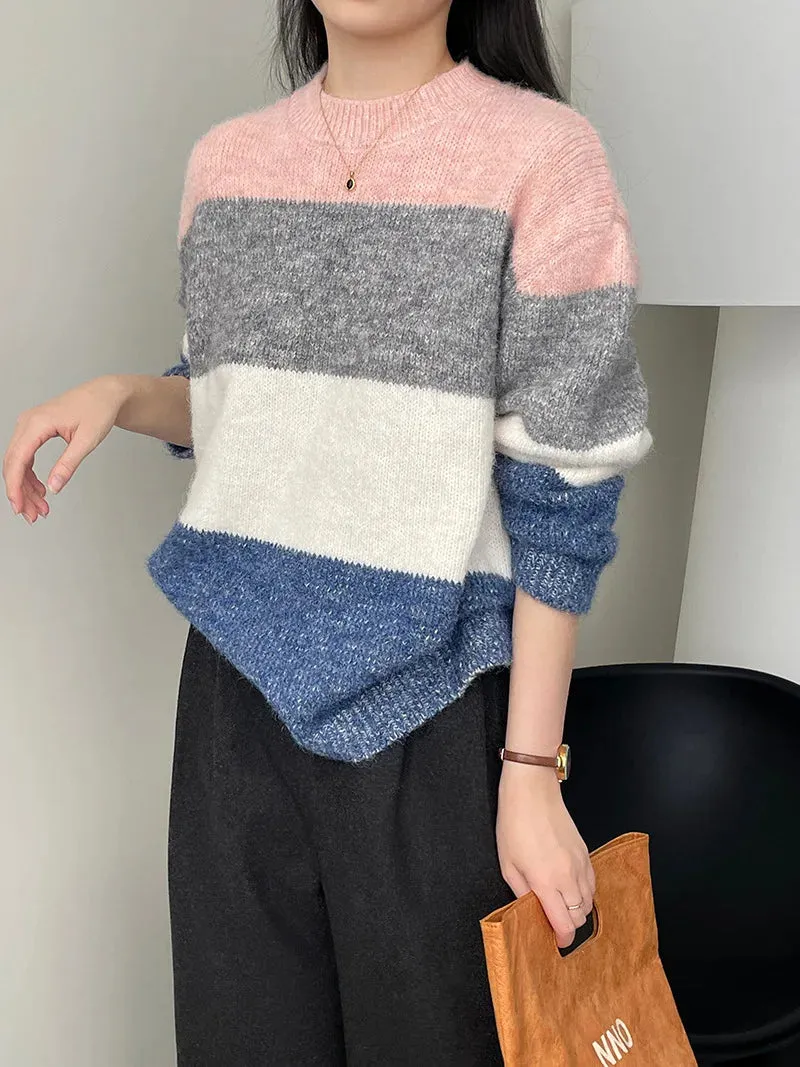 [Korean Style] Crew Neck Color Blocks Cozy Sweater