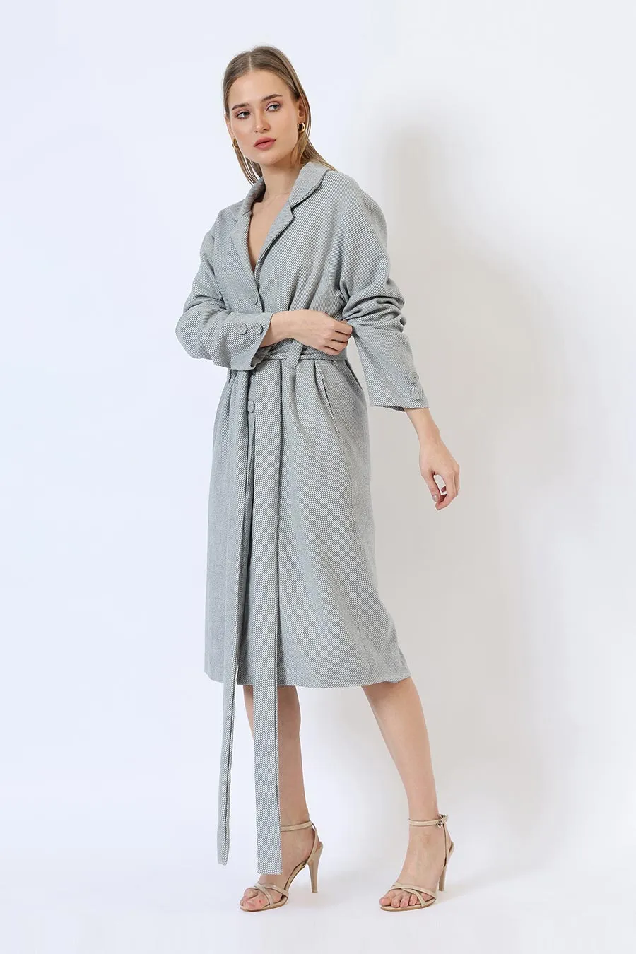 Light Blue & White Savannah Breeze Long Trench Coat