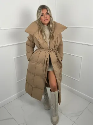 Long Belted Puffer Coat - Beige