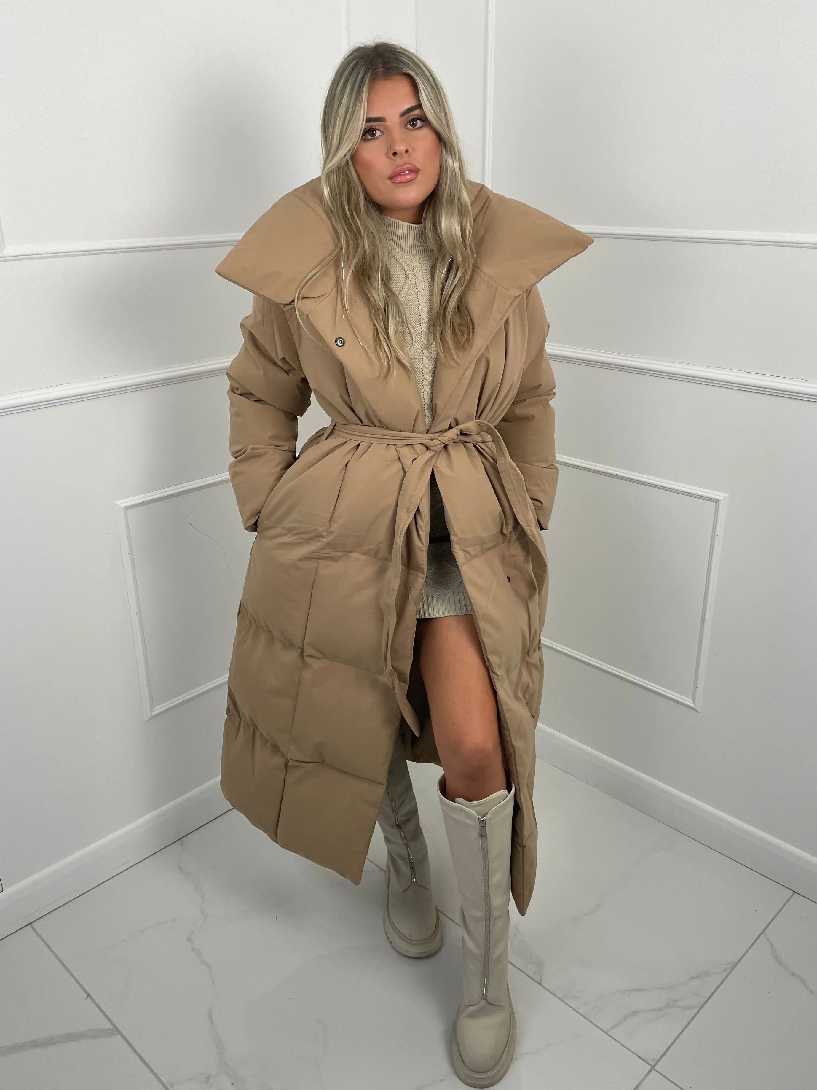 Long Belted Puffer Coat - Beige