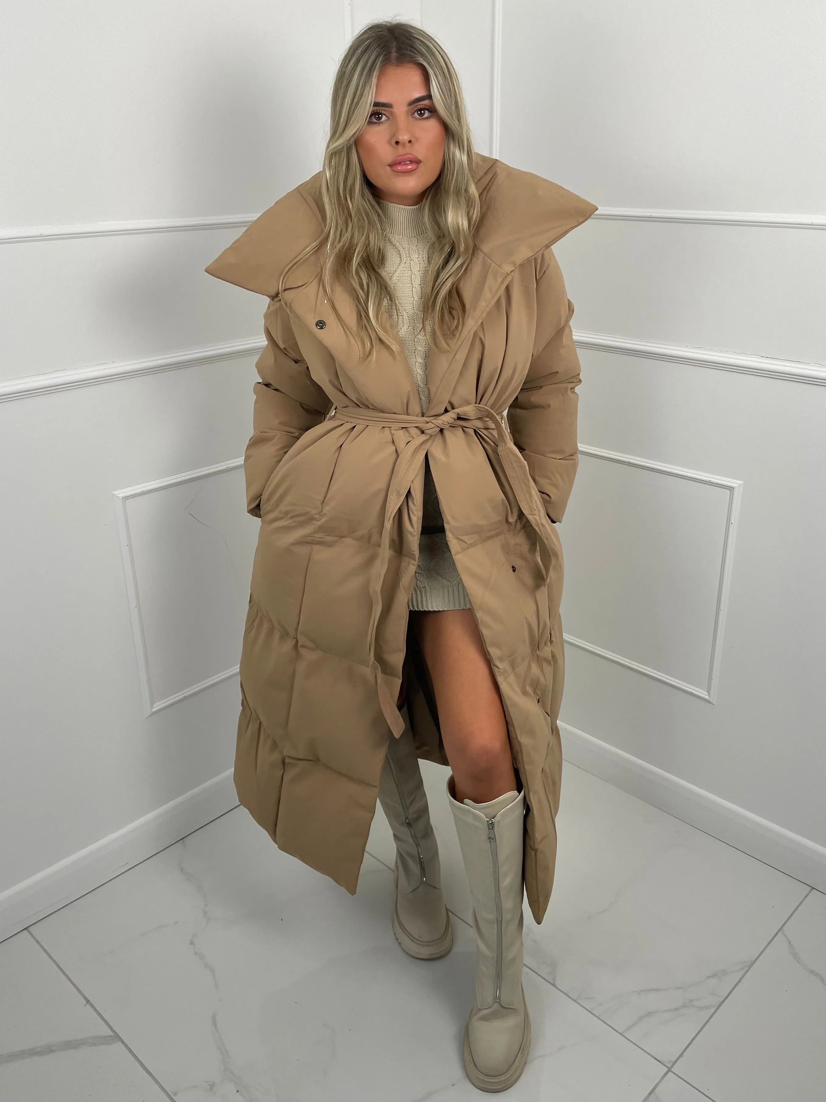 Long Belted Puffer Coat - Beige