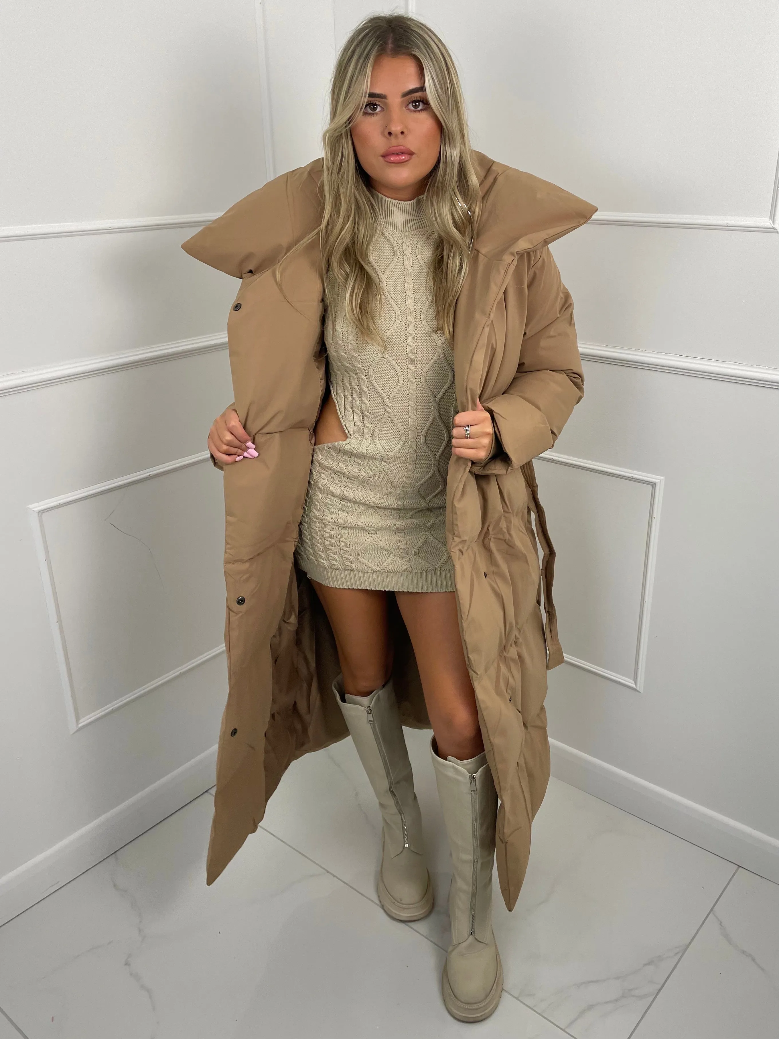 Long Belted Puffer Coat - Beige