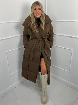 Long Belted Puffer Coat- Brown