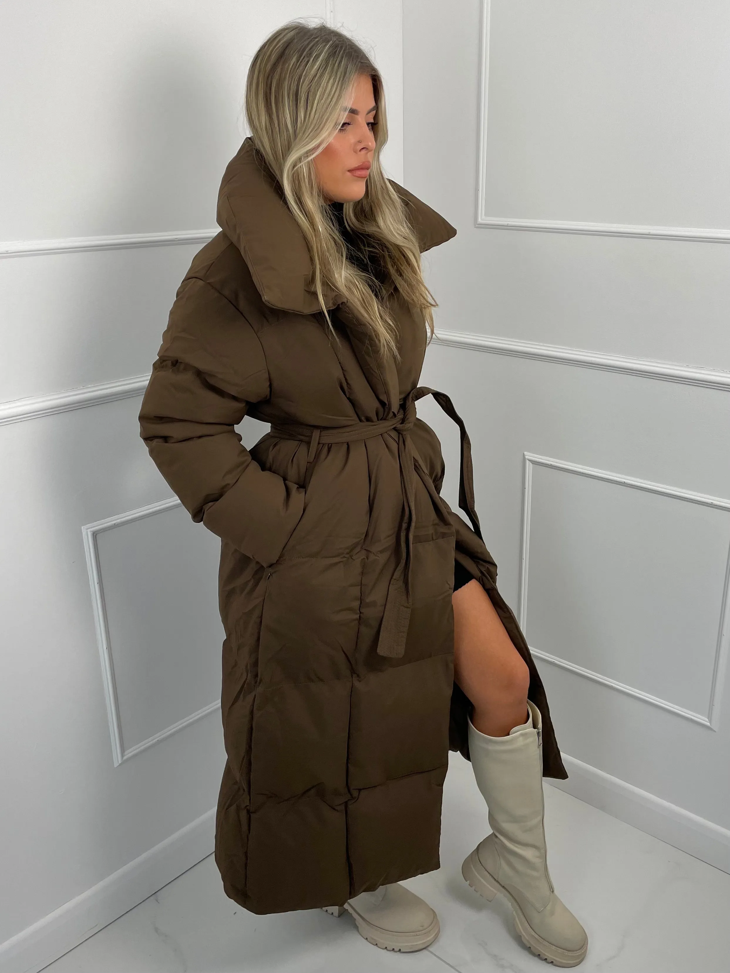 Long Belted Puffer Coat- Brown