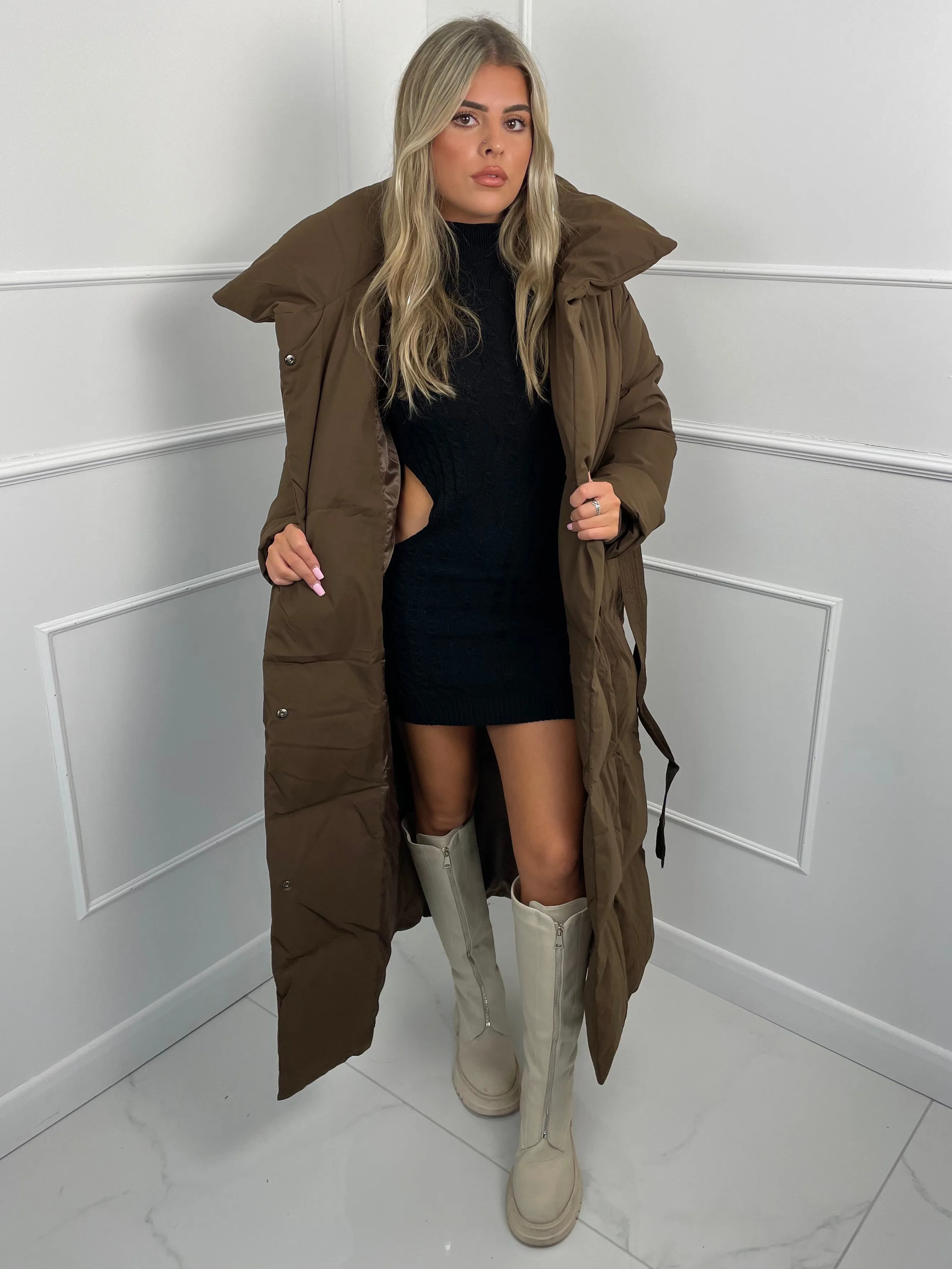 Long Belted Puffer Coat- Brown