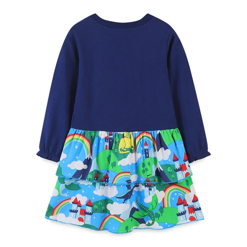 Long-Sleeve Dinosaur  & Rainbow  Dress