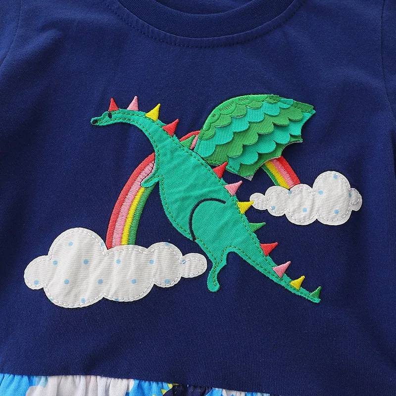 Long-Sleeve Dinosaur  & Rainbow  Dress