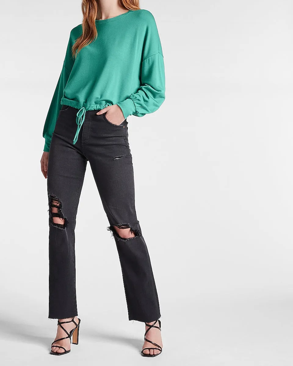 Long Sleeve Drawstring Banded Bottom Sweatshirt in Dusky Green