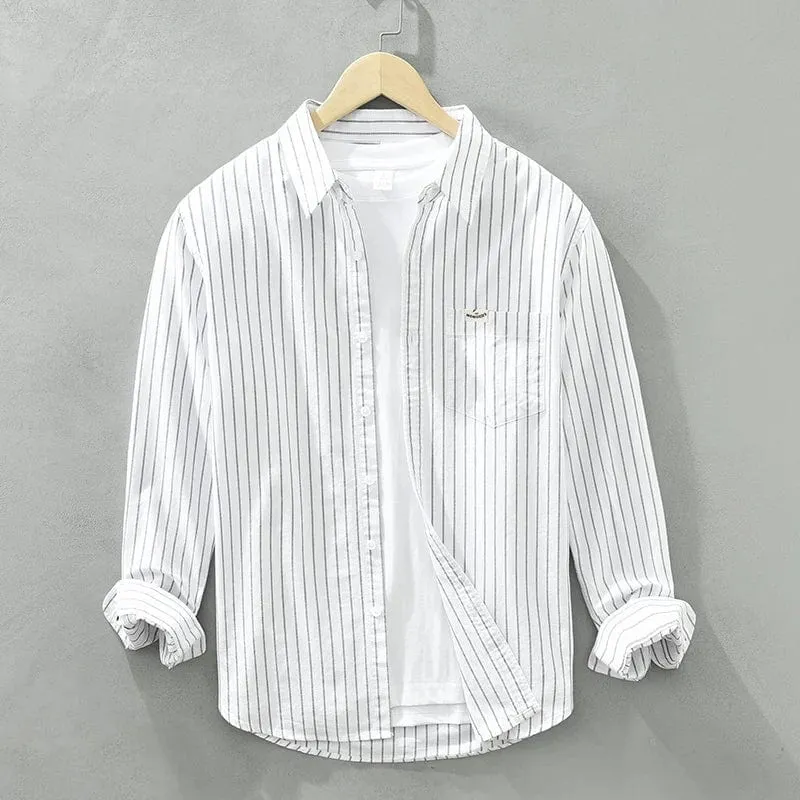 Men's Striped Cotton Long-Sleeve Casual Shirt – Breathable, Comfortable, British Style Outdoor Fashion