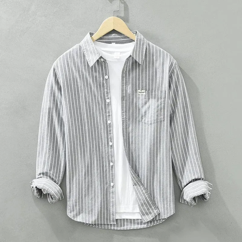 Men's Striped Cotton Long-Sleeve Casual Shirt – Breathable, Comfortable, British Style Outdoor Fashion