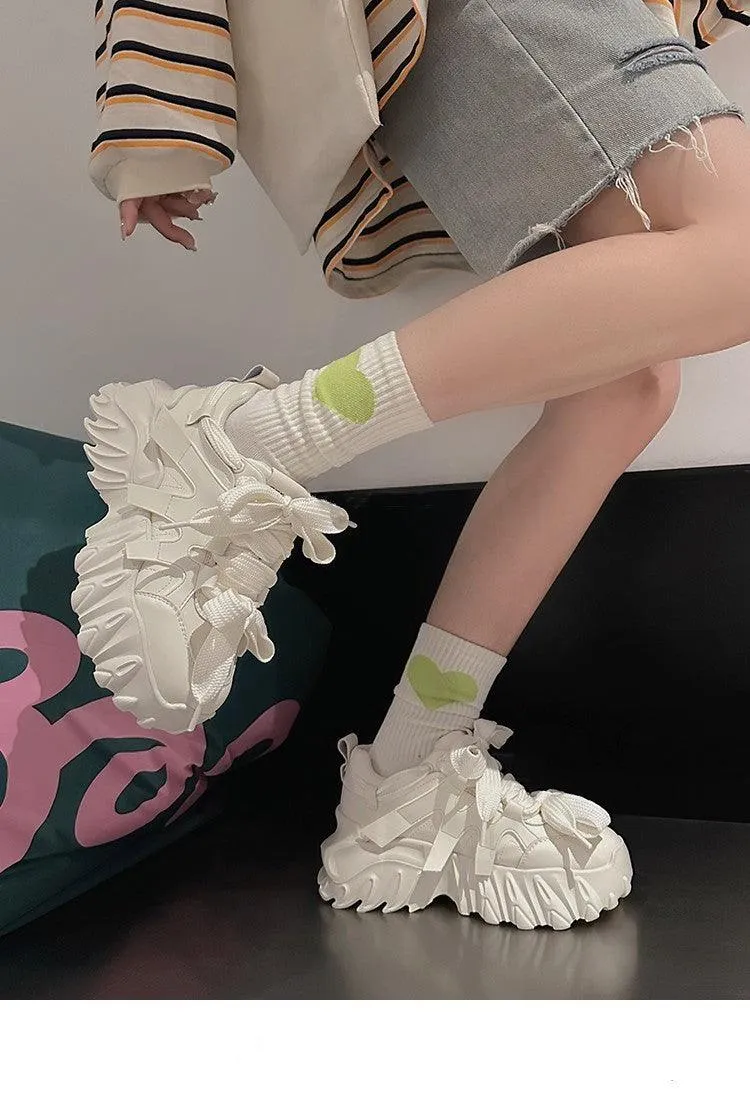 Milky White Mid-Heel Lace-Up Sneakers