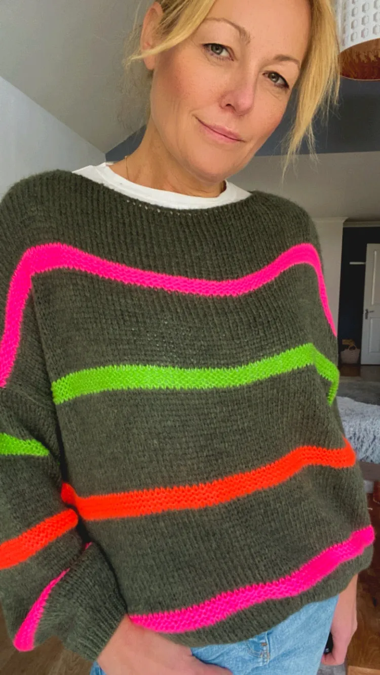 Neon Stripe Jumper - Khaki