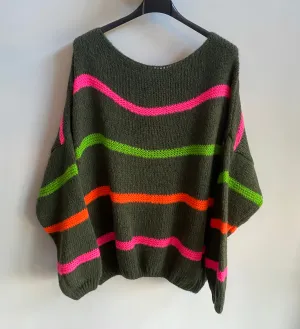 Neon Stripe Jumper - Khaki