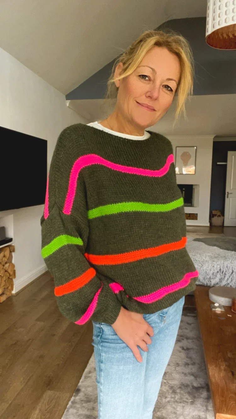 Neon Stripe Jumper - Khaki