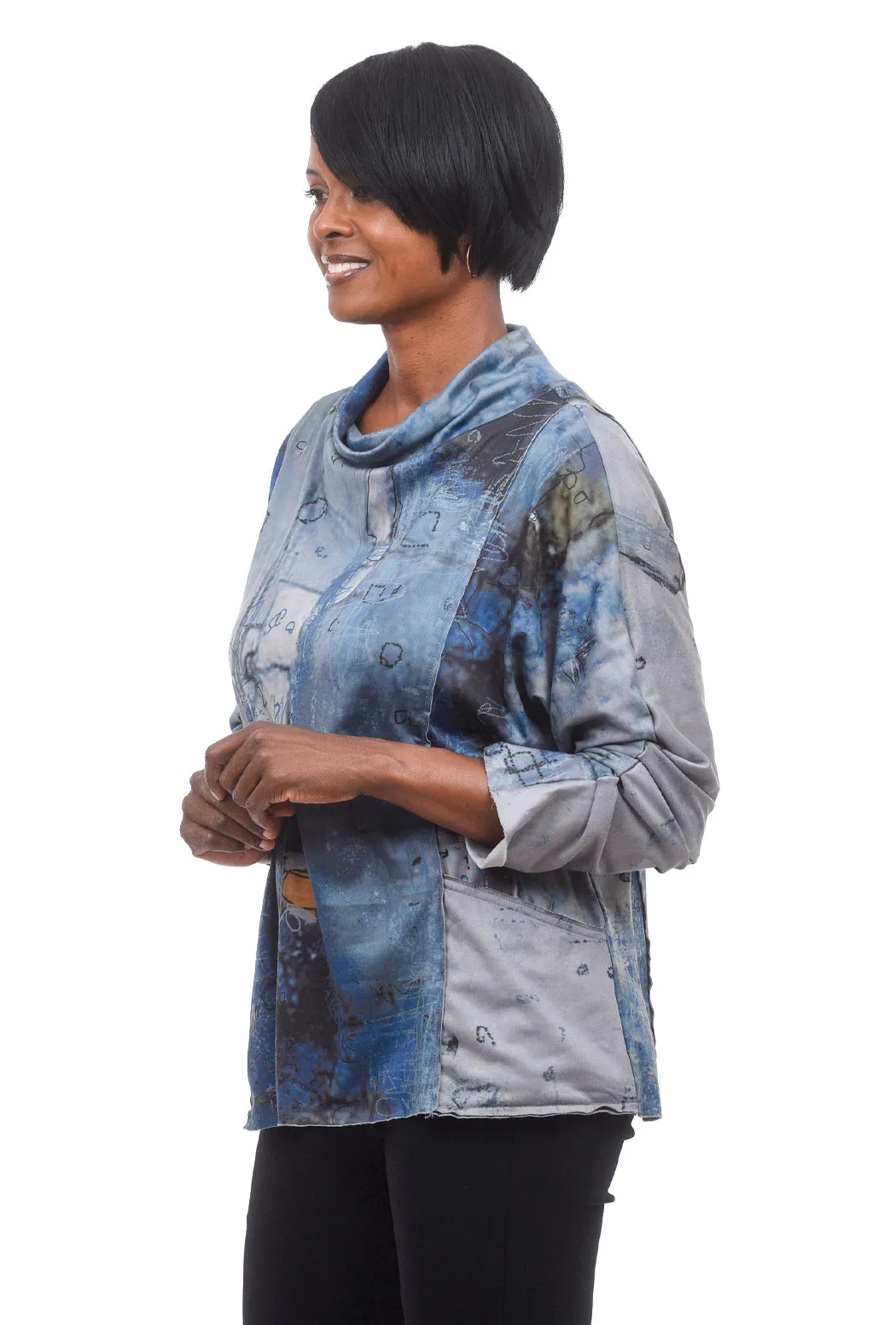 Patch Pocket Graphic Cowl Tunic, Blue