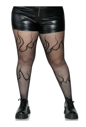 Plus Black Flame Fishnet Tights