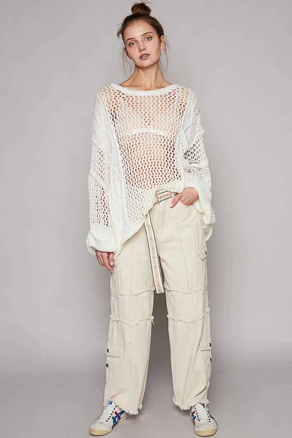 POL Openwork Long Sleeve Knit Cover Up