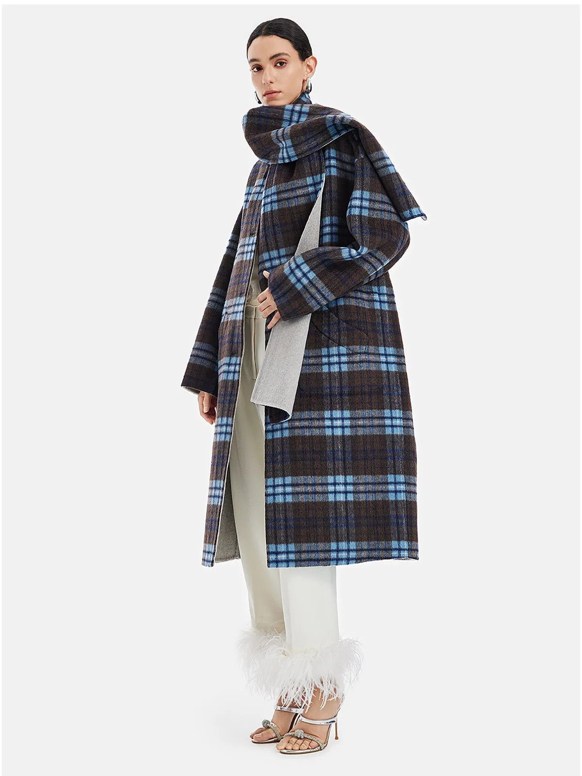 Retro Plaid Coat with Detachable Scarf