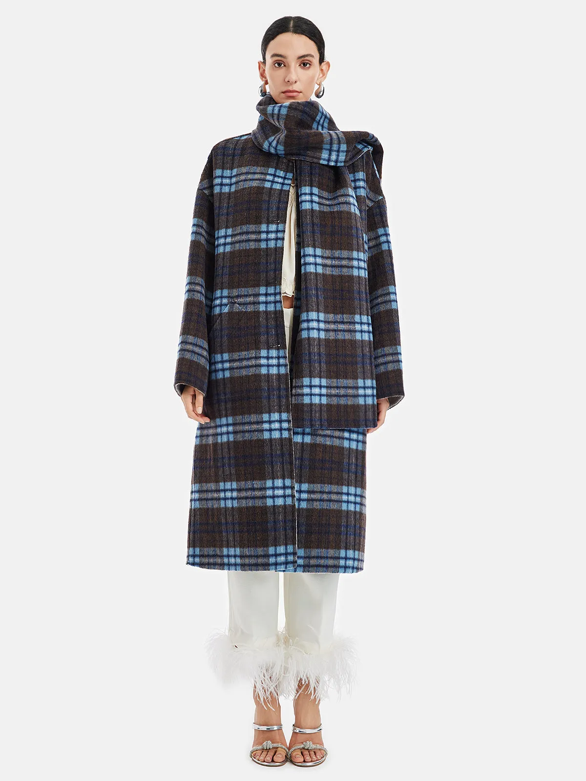 Retro Plaid Coat with Detachable Scarf