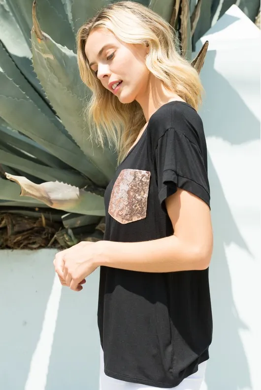 Sequin Pocket V-Neck Tee