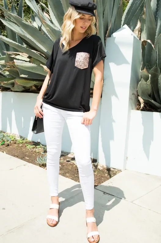 Sequin Pocket V-Neck Tee