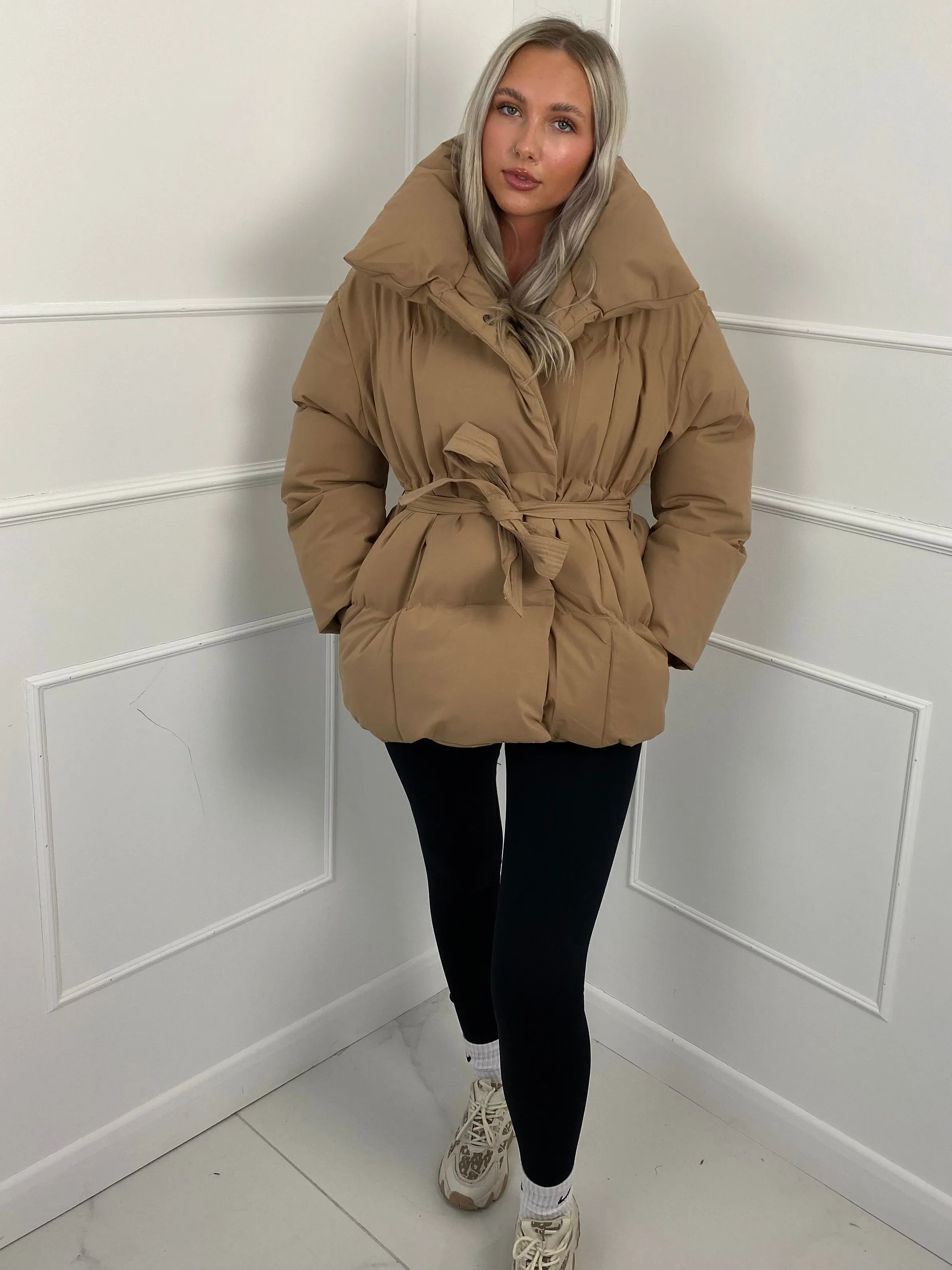 Short Belted Puffer Jacket- Beige