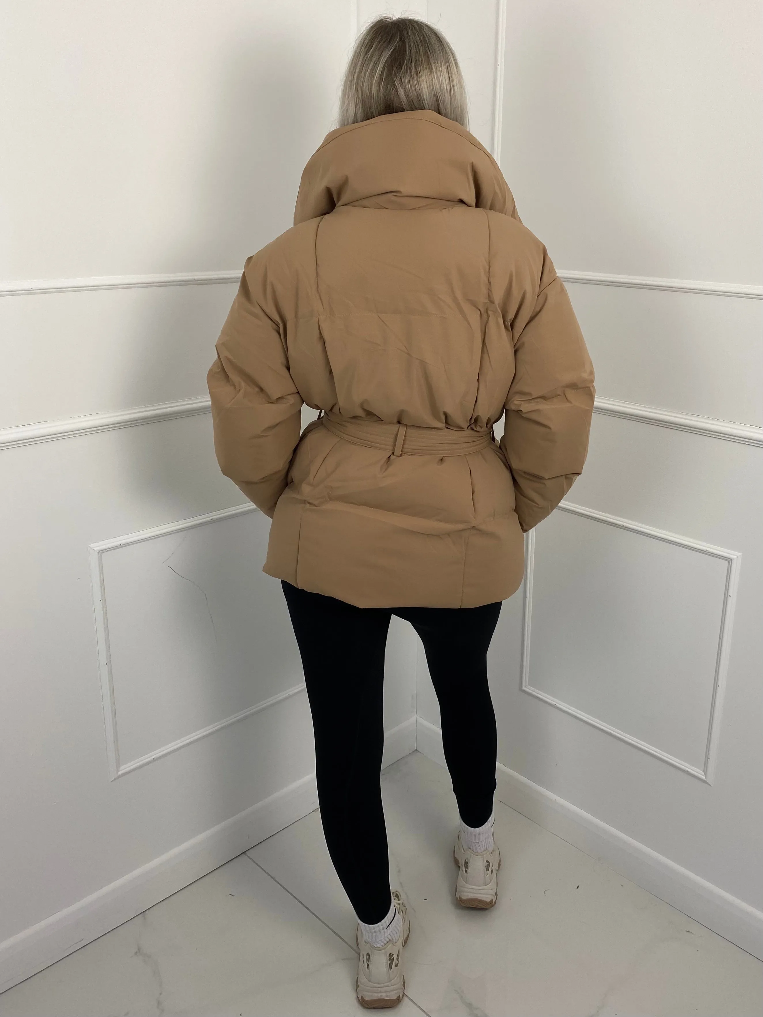 Short Belted Puffer Jacket- Beige