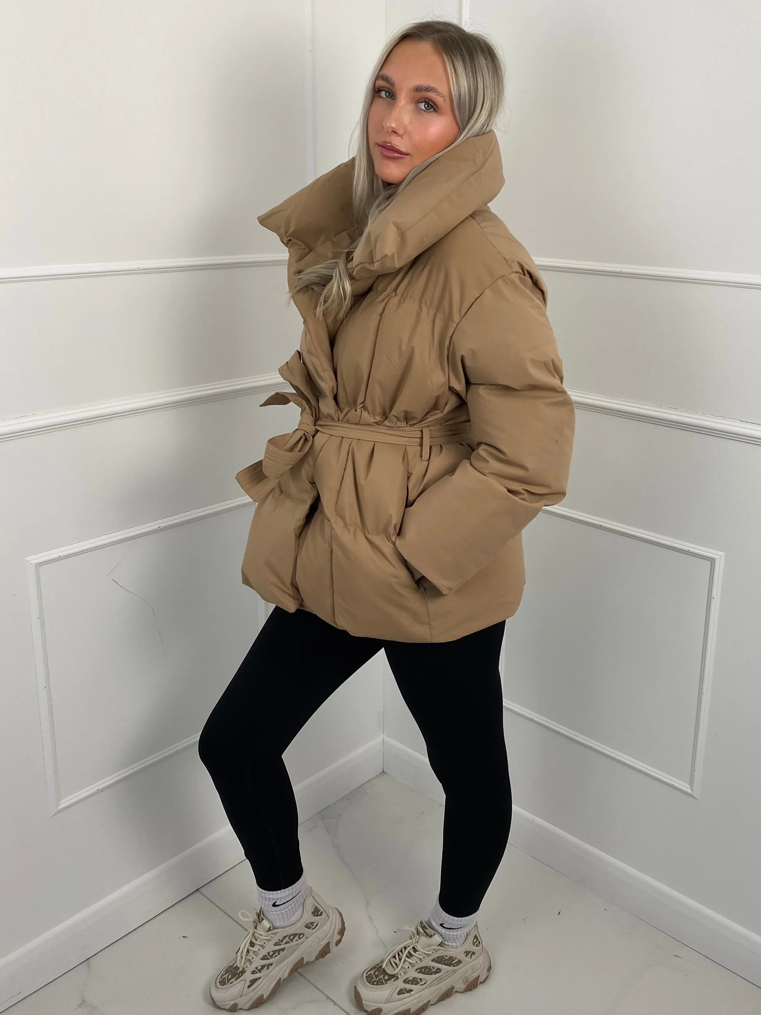 Short Belted Puffer Jacket- Beige