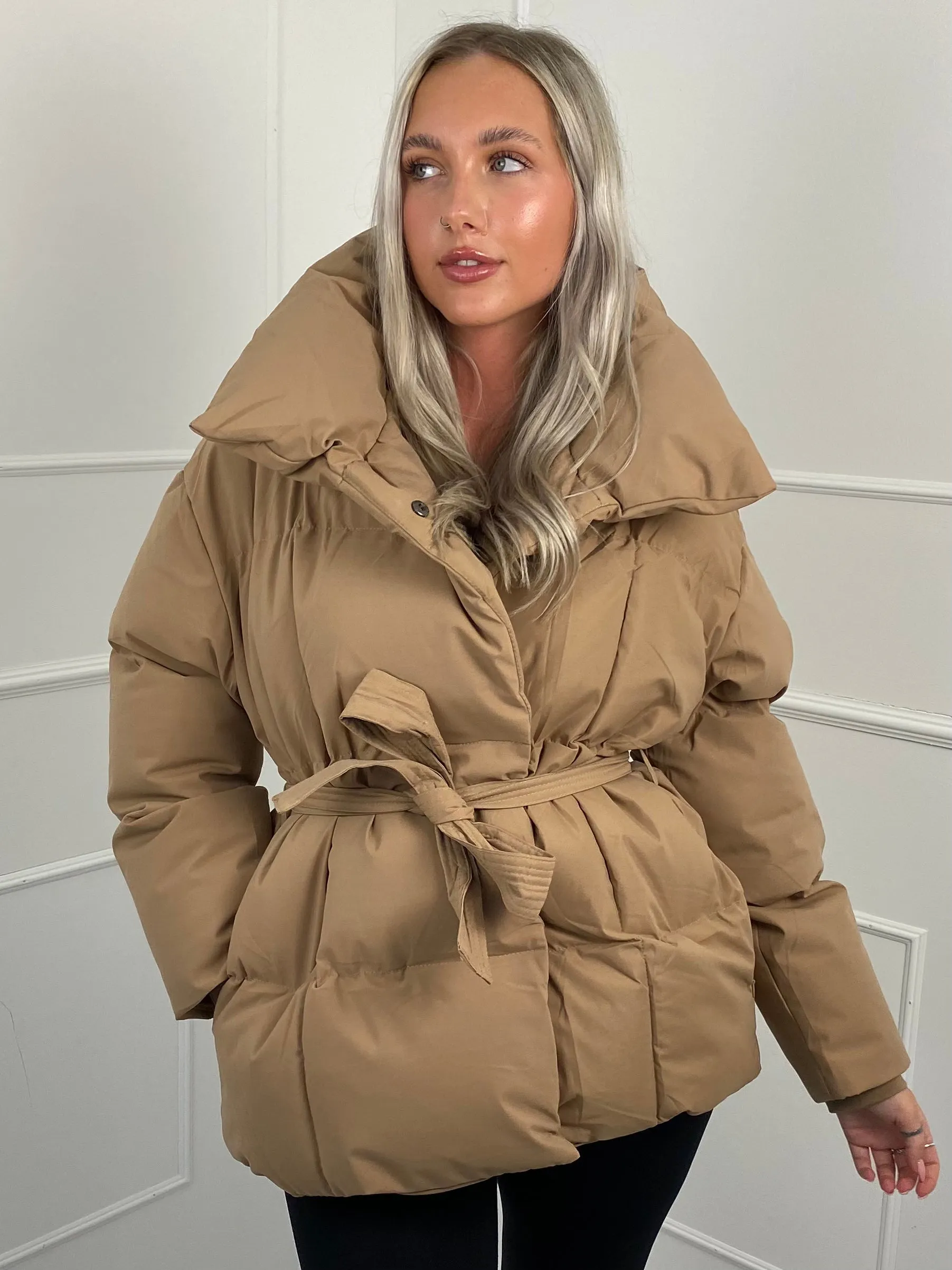 Short Belted Puffer Jacket- Beige