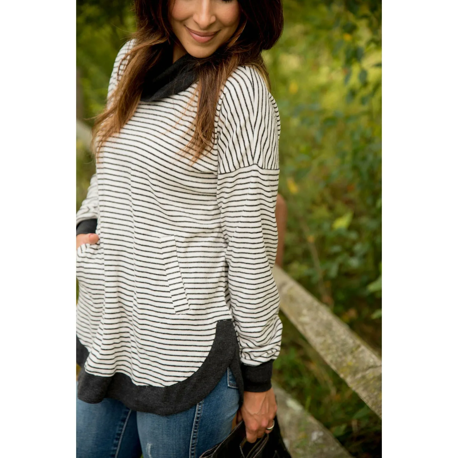 Solid Trimmed Striped Cowl Neck