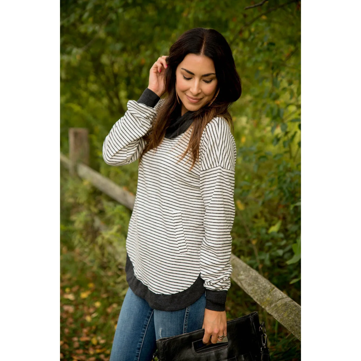 Solid Trimmed Striped Cowl Neck