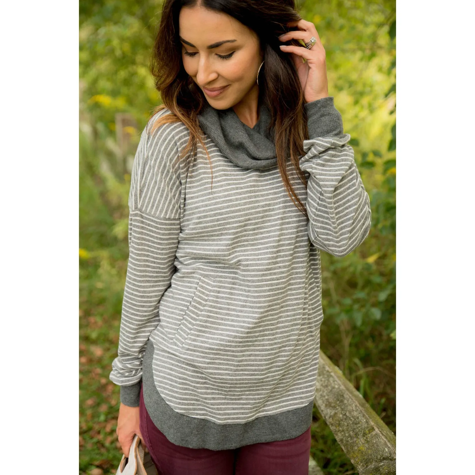 Solid Trimmed Striped Cowl Neck