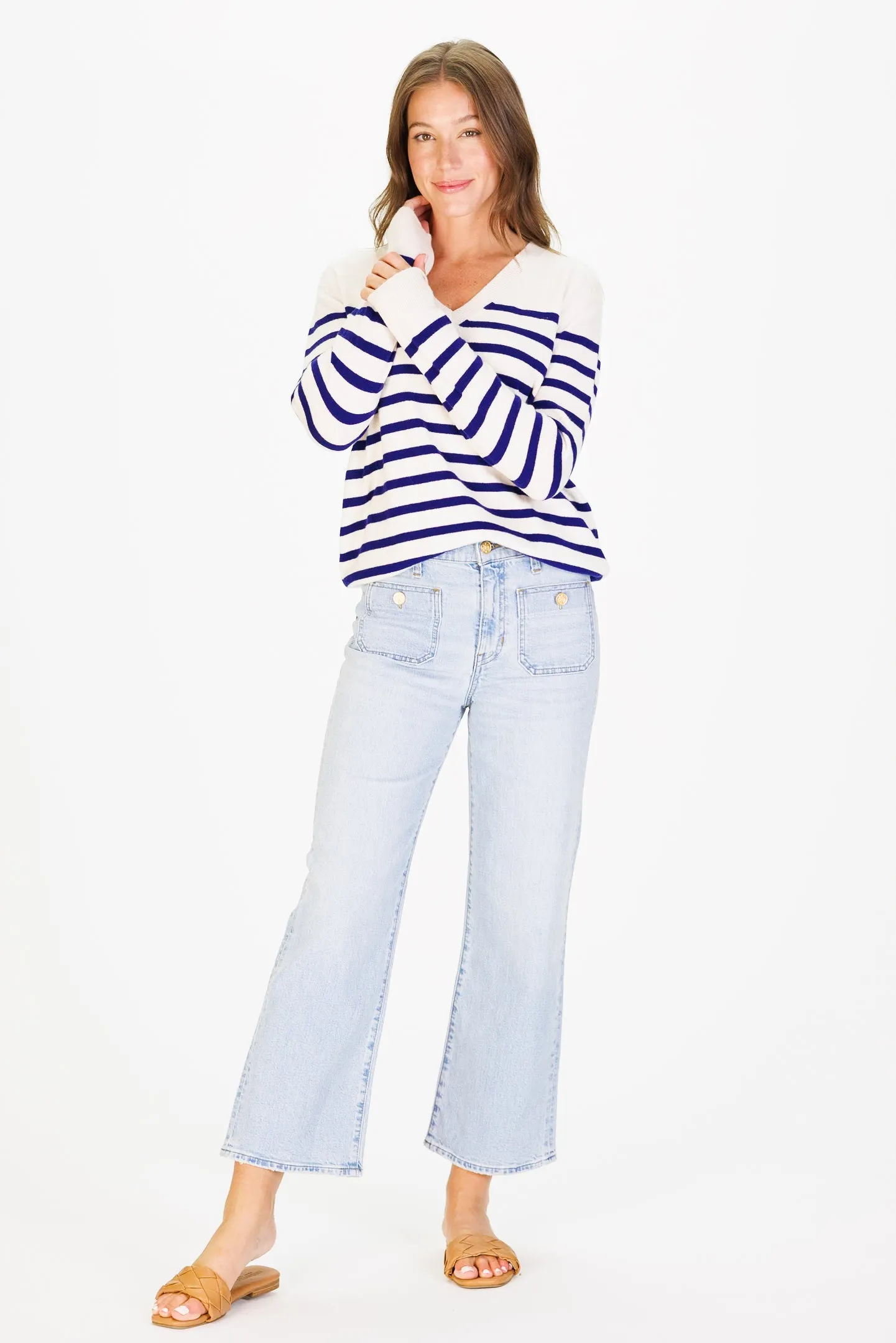 The Everyday 100% Cashmere V-Neck in Chalk White/French Navy Stripe