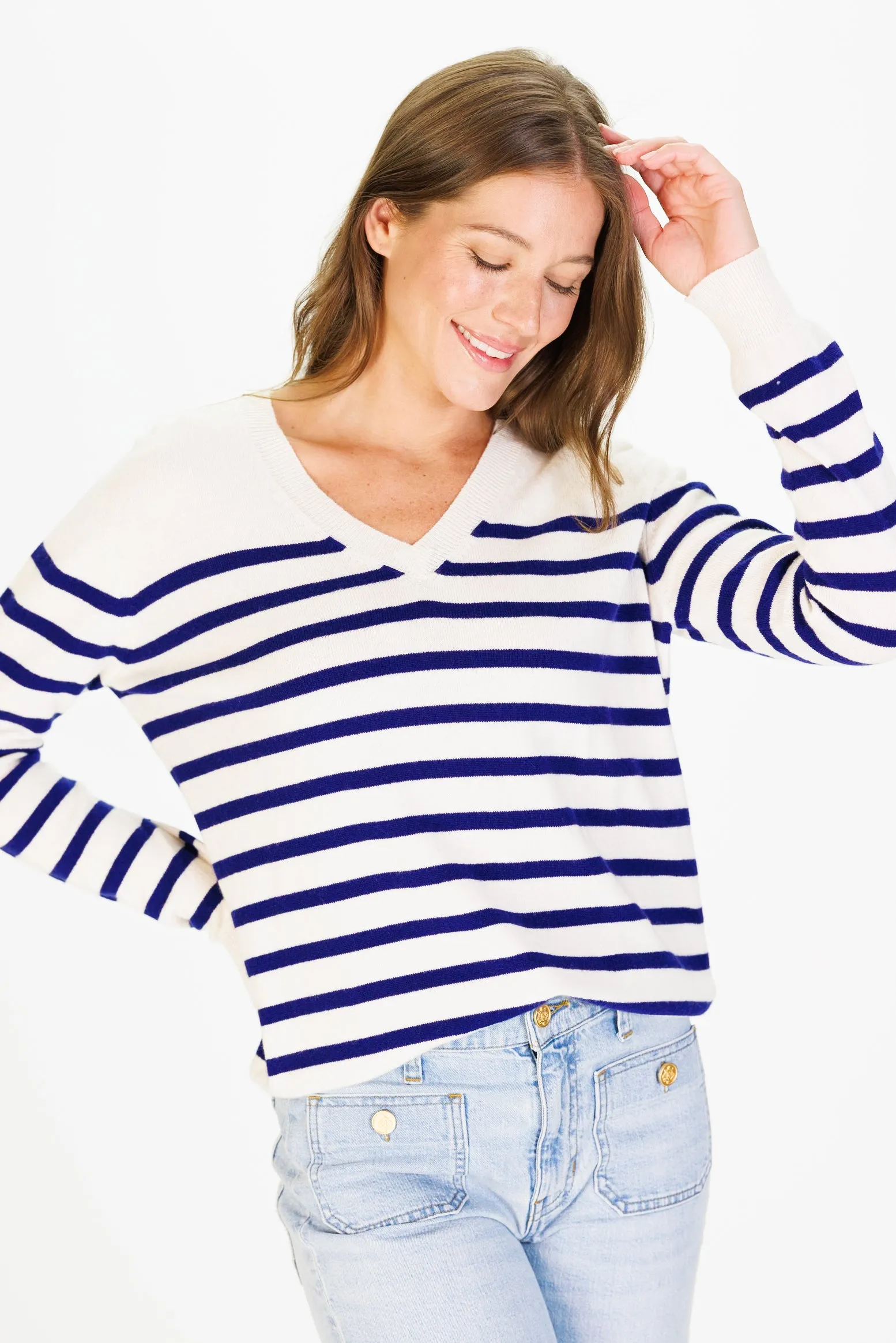 The Everyday 100% Cashmere V-Neck in Chalk White/French Navy Stripe