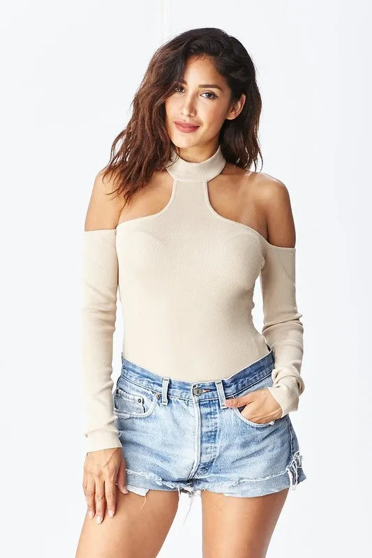 THE MYSTYLEMODE TAUPE T NECK COLD SHOULDER  LONG SLEEVE BODYSUIT